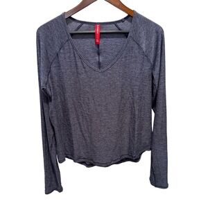 Spanx Womens V-Neck Long Sleeve Activewear Top Heather Navy Blue Size Medium